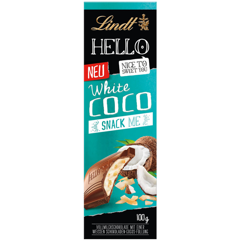 Lindt Hello White Coconut Bar - Barretta con cioccolata bianca al cocco e wafer - 100g